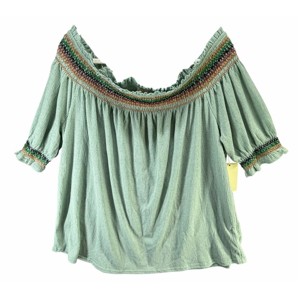 Flower & Feather Off Shoulder Top Women 3XL Light Green Embroidered Peasant Boho